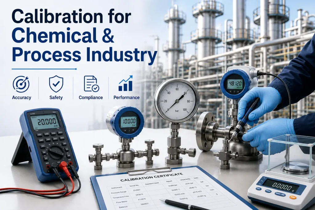 Instrument calibration for chemical and process industry with pressure gauges, flow meters, and process instruments.