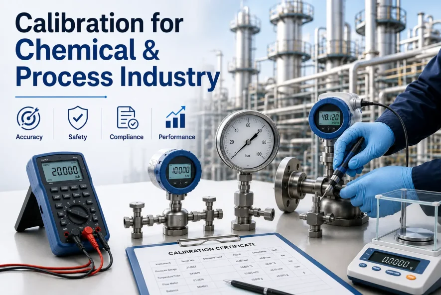 Instrument calibration for chemical and process industry with pressure gauges, flow meters, and process instruments.