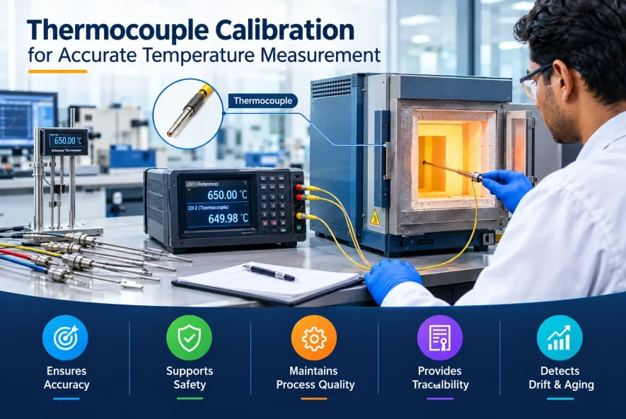 Thermocouple calibration equipment comparing temperature readings with a reference thermometer for accurate temperature measurement